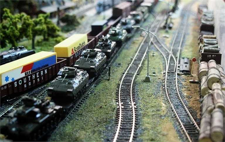 Các toa tàu chở nhiều hàng hóa khác nhau như gỗ, container, than... trông rất sinh động.