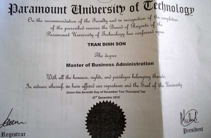 Bằng thạc sĩ của ông Trần Đình Sơn (bản photo)