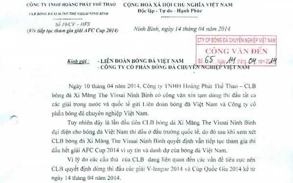 Công văn xin nghỉ V-League của V.Ninh Bình