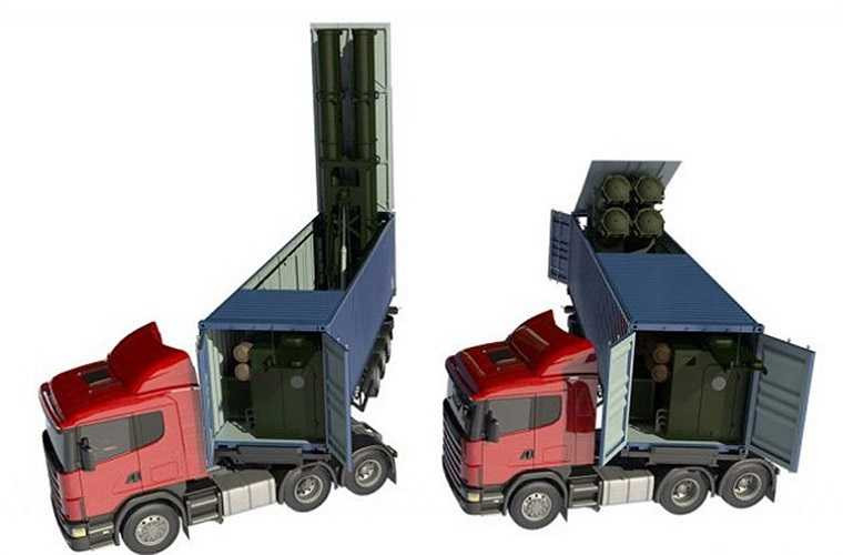 Ảnh đồ họa container bệ phóng hệ thống Klub-K đặt trên xe đầu kéo dân sự thoải mái di chuyển khắp lãnh thổ một quốc gia. 