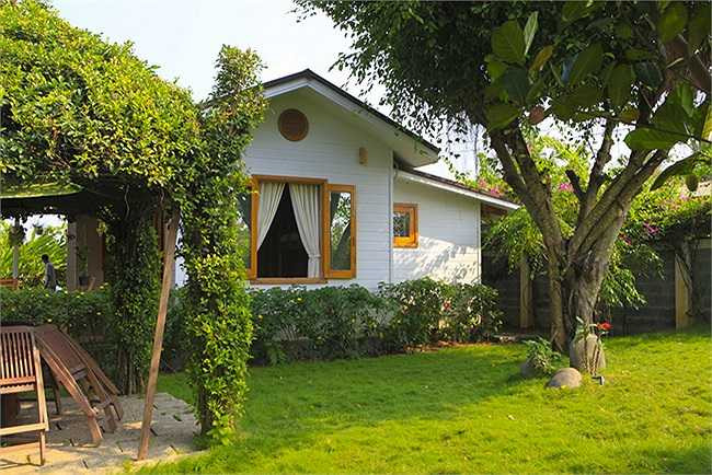 Nhìn từ ngoài, màu xanh bao quanh biệt thự tạo cảm giác mát mẻ, nhẹ nhàng. 