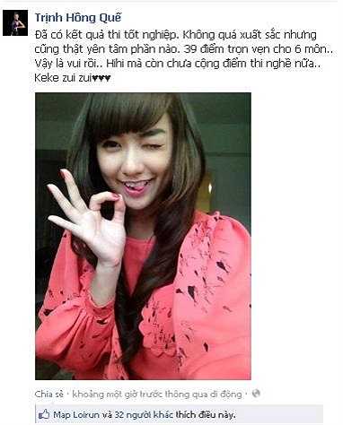 Hồng Quế tỏ vẻ đầy tự hào khoe số điểm 39 của kỳ thi tốt nghiệp cấp 3.
