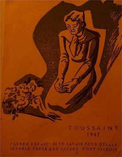 Nhân tưởng niệm 100 năm ngày sinh của họa sĩ Lương Xuân Nhị (tác giả những bức tranh), 60 năm ngày chiến thắng Điện Biên Phủ , cùng thưởng ngoạn lại những hình ảnh tư liệu giá trị này. Ảnh: Ngày lễ Các thánh (Toussaint) năm 1947, bức tranh là hình ảnh một bà mẹ mang bó hoa, quỳ gối bên đài liệt sĩ với dòng chữ tiếng Pháp: 'Khổ thân con, giá con hiểu vì lý do bần tiện nào mà lũ thực dân đã hủy hoại đời mình'. 
