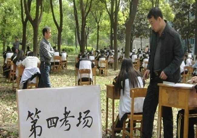 Nhằm tránh gian lận trong thi cử, một trường trung học tại Trung Quốc đã bắt các học sinh ngồi thi giữa cánh rừng.