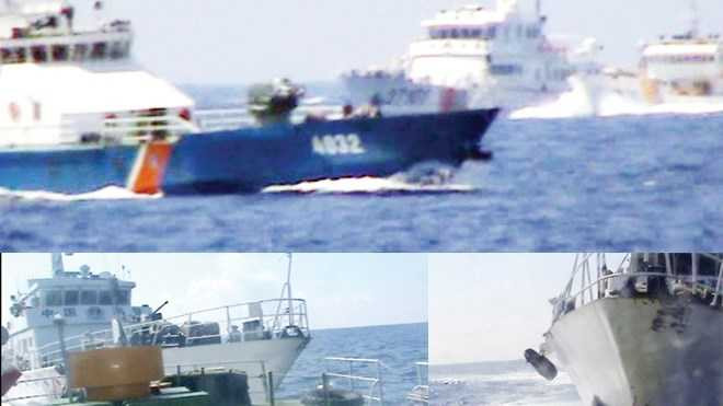 Tàu CSB VN 4032 tuyên truyền các hoạt động vi phạm chủ quyền của TQ trong vùng biển Việt Nam (ảnh lớn); Tàu Hải cảnh 44103 TQ tăng tốc đâm vào tàu CSB VN2012 (ảnh nhỏ trái); Lan can của tàu CSB VN2012 gãy vụn sau cú đâm rất hung dữ của tàu TQ.