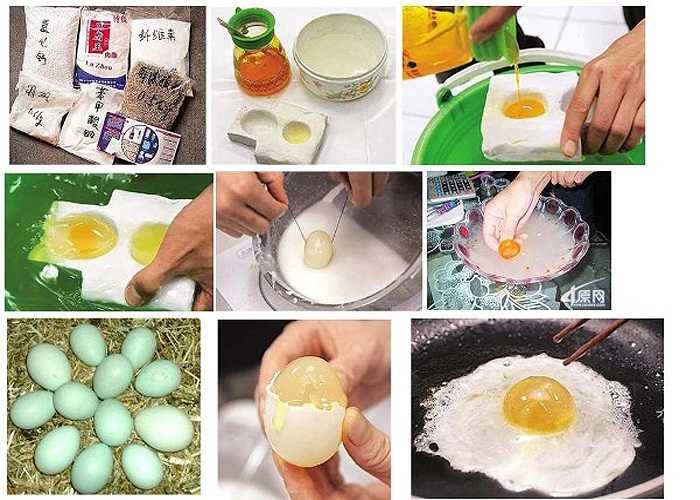Trứng gà giả: Bằng cách tổng hợp từ canxi cacbonat, bột thạch cao và sáp nến, vỏ trứng được tạo ra hoàn hảo y như vỏ trứng thật. Còn với lòng đỏ bên trong, họ chỉ cần trộn gelatin, phèn và axit benzoic vào với nhau. Sau đó, họ cho thêm vào màu vàng chanh thực phẩm và canxi clorua và thế là một quả trứng giả ra đời. 