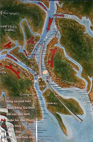 Sơ đồ chiến trận Bạch Đằng năm 938. Cuối năm 938, thủy binh quân Nam Hán theo đường biển vào xâm lược nước ta. Ngô Quyền xây dựng trận địa cọc ngầm cùng thủy quân, bộ binh mai phục ở cửa sông Bạch Đằng, diệt cánh quân thủy. Vua Nam Hán không kịp chi viện, phải rút quân.