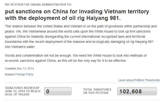 Đã đủ 100.000 người kiến nghị Mỹ trừng phạt Trung Quốc