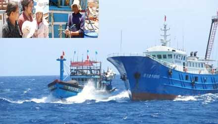 Tàu cá Việt Nam luôn bị tàu Trung Quốc vây ráp, đâm va (ảnh lớn), Dây hơi trên tàu cá bị lực lượng trên tàu Trung Quốc chặt phá, anh Giàu thoát nạn trở về với vợ con (ảnh nhỏ). Ảnh: P.V Tàu cá Việt Nam luôn bị tàu Trung Quốc vây ráp, đâm va (ảnh lớn), Dây hơi trên tàu cá bị lực lượng trên tàu Trung Quốc chặt phá, anh Giàu thoát nạn trở về với vợ con (ảnh nhỏ). Ảnh: P.V