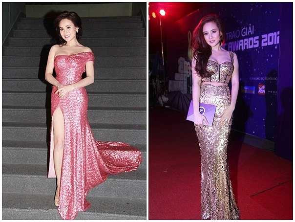 Trang phục dự tiệc của Vy Oanh được đánh giá cao nhờ sự đầu tư và chọn lựa hợp vóc dáng, che lấp được yếu điểm ngoại hình.