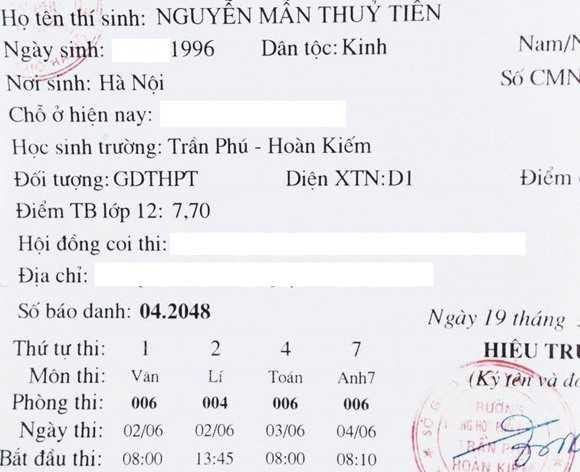 Thẻ dự thi tốt nghiệp hot girl Mẫn Tiên