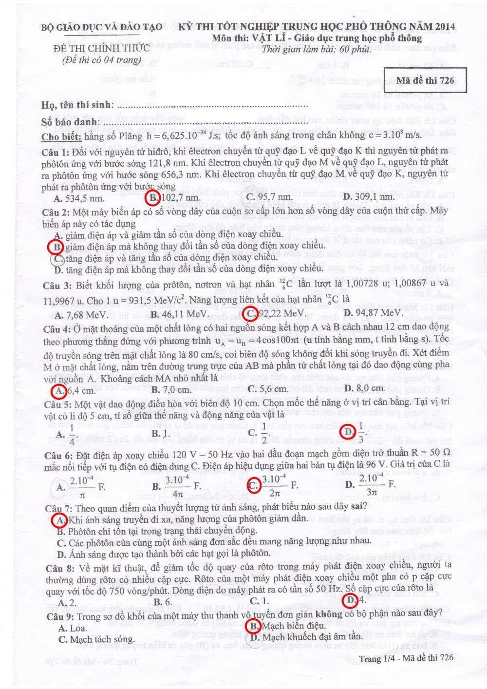 đáp án thi vật lý