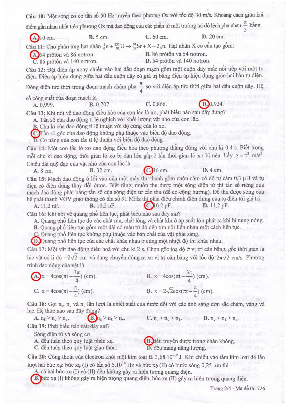 đáp án thi vật lý