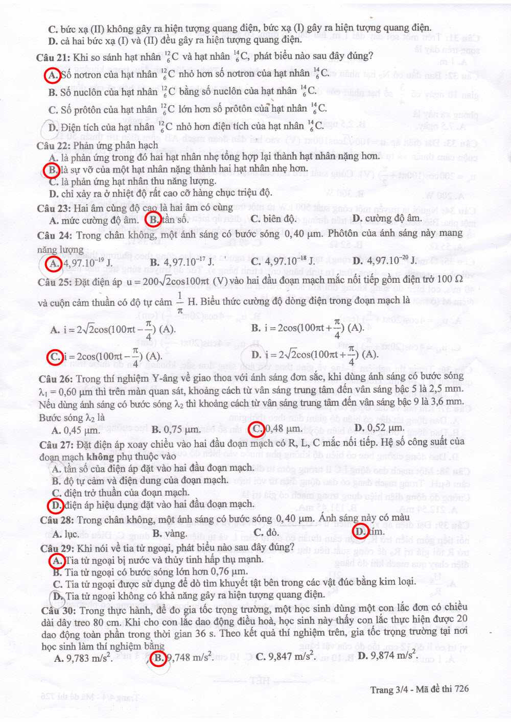 đáp án thi vật lý