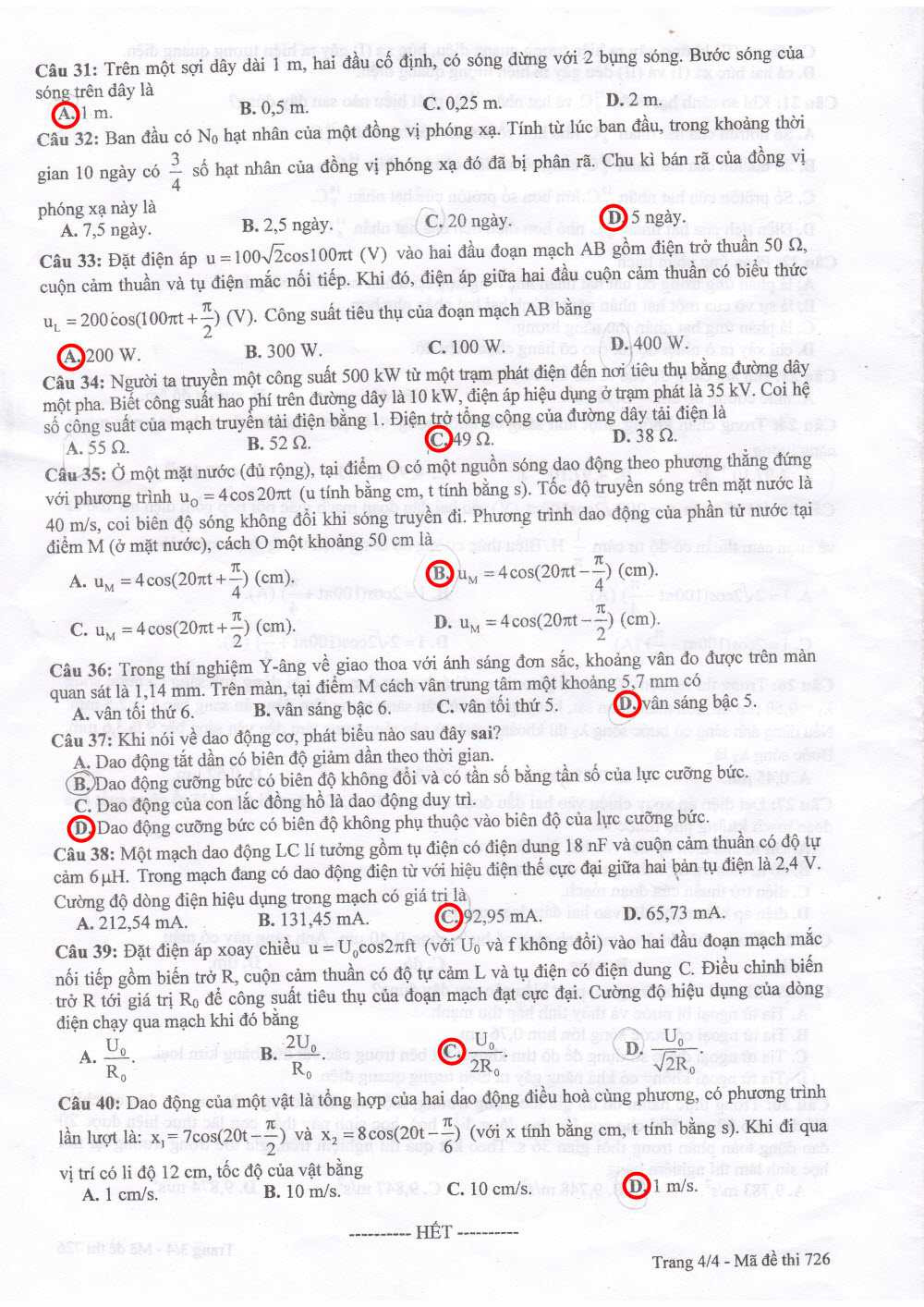 đáp án thi vật lý