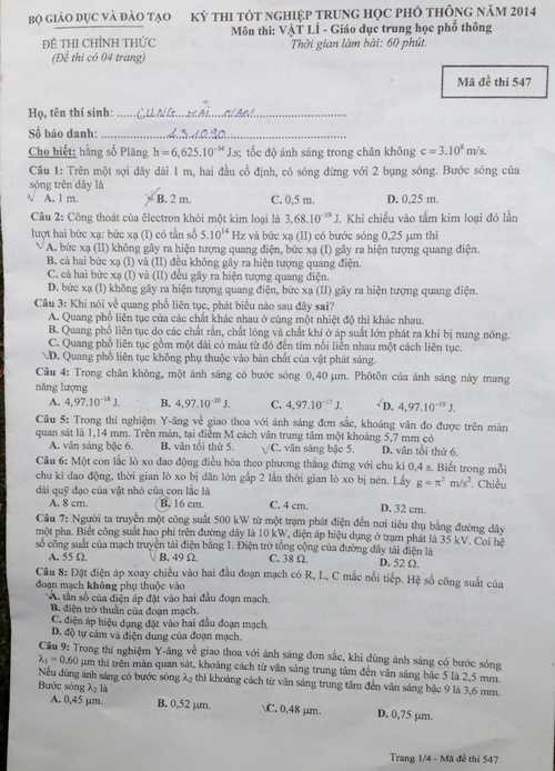 Đề thi tốt nghiệp vật lý 2014