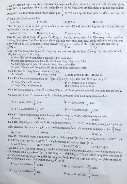 Đề thi tốt nghiệp vật lý 2014