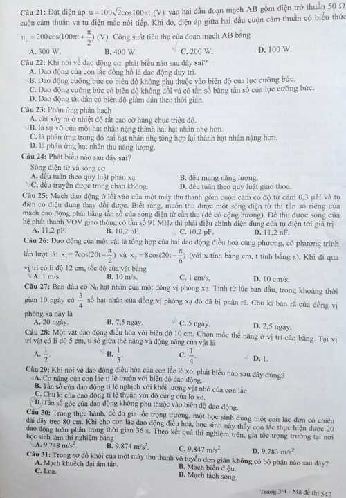 Đề thi tốt nghiệp vật lý 2014