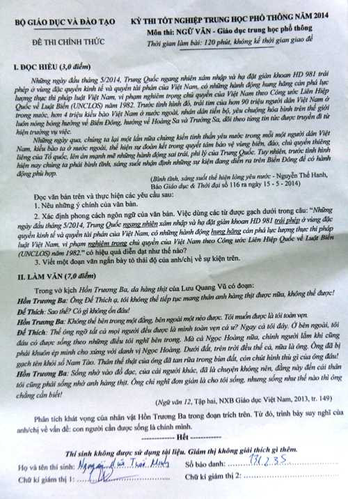 Đề thi tốt nghiệp THPT 2014 môn Ngữ văn