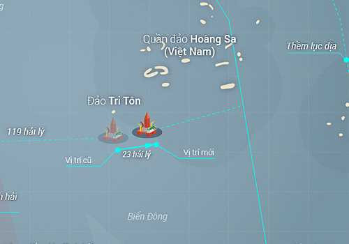 Ngày 27/5, Trung Quốc đã dời vị trí giàn khoan cách chỗ cũ 23 hải lý theo hướng đông đông bắc - Đồ họa: Đồng Nguyên Anh/VNE