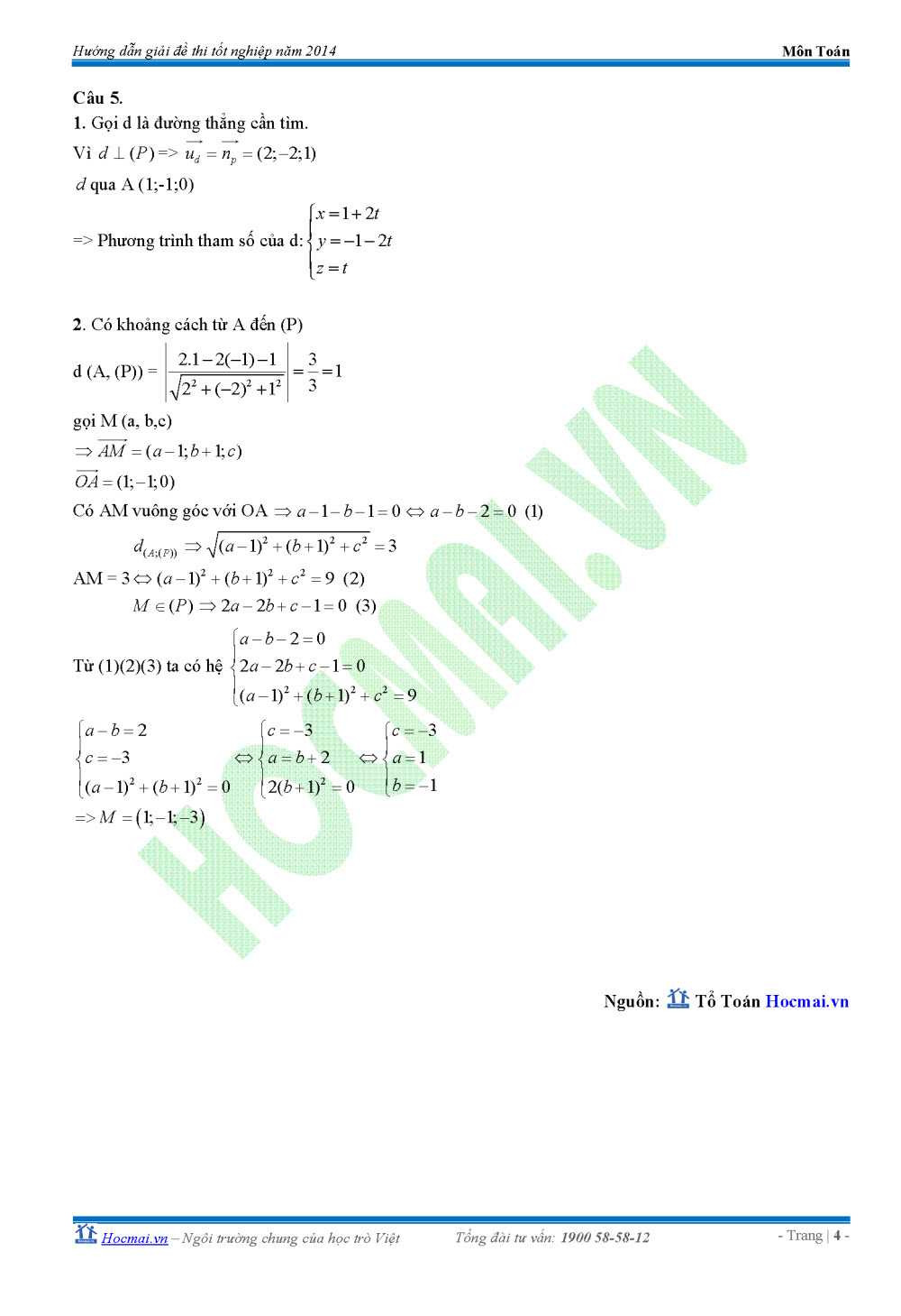 Đề thi, đáp án tốt nghiệp THPT môn Toán 2014