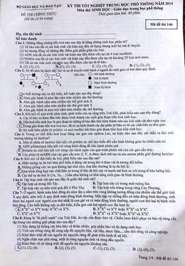 Đề thi tốt nghiệp THPT môn Sinh học