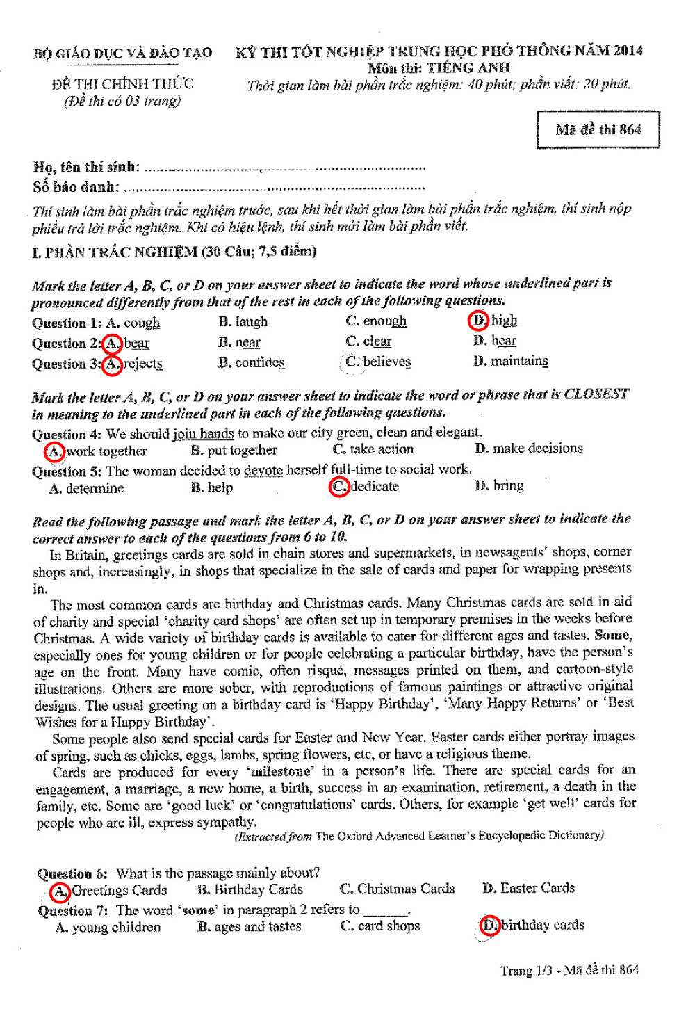 đáp án thi tiếng anh