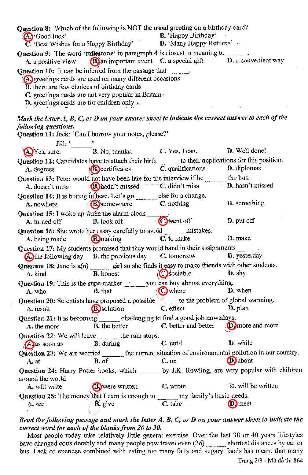 đáp án thi tiếng anh