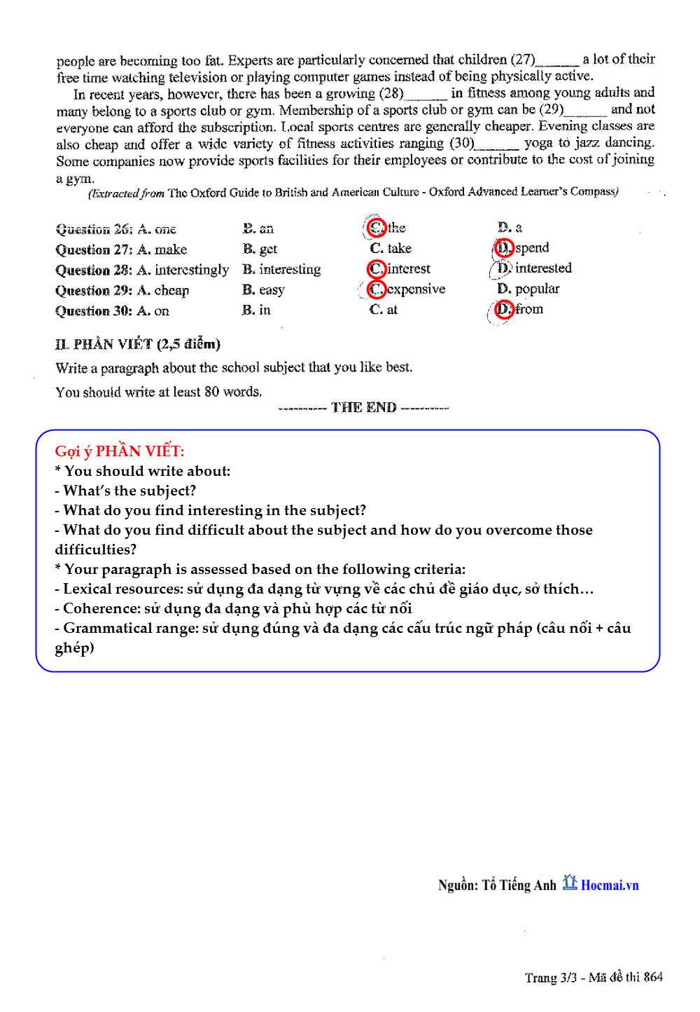 đáp án thi tiếng anh