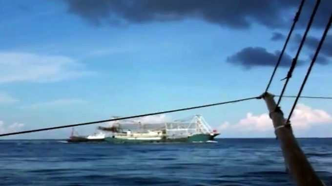 Tàu Trung Quốc đâm chìm tàu cá Việt Nam ĐNa 90152 rồi lạnh lùng chạy đi, bỏ mặc 10 ngư dân bị chìm dưới biển - Ảnh cắt từ clip