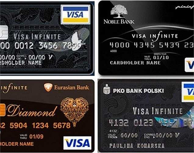 Visa Infinite: Yêu cầu sở hữu Visa Infinite thay đổi tùy theo quốc gia nhưng tất cả có một số điểm chung là tài khoản của khách hàng phải có từ sáu chữ số. Bạn cũng sẽ phải trả một khoản phí hàng năm khoảng vài trăm USD. Visa Infinite đi kèm với một loạt các dịch vụ hướng dẫn khách như lên kế hoạch du lịch, nâng cấp chuyến bay, ăn tối tại nhà hàng năm sao, mua sắm tại các cửa hàng cao cấp và thậm chí cả tư vấn sức khỏe.