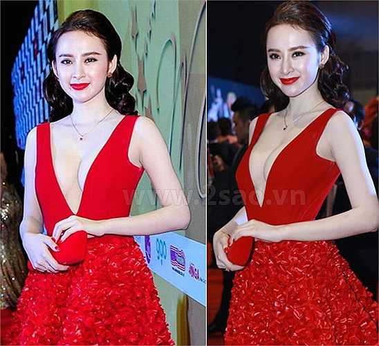Không thể phủ nhận sự quyến rũ sang trọng của Angela Phương Trinh khi diện váy đỏ xẻ chữ V.