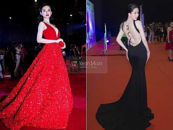 Nếu như Angela Phương Trinh sử dụng sắc đỏ nóng bỏng và bầu ngực gợi cảm làm vũ khí, Ngọc Trinh lại khéo léo nhờ sắc đen quý phái tôn vóc dáng nuột nà và tấm lưng trần khêu gợi của mình.