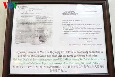 Giấy chứng sinh của bà Mai Kim Quy tại đảo Hoàng Sa- con gái ông Mai Xuân Tập, nhân viên khí tượng đảo Hoàng Sa - Ảnh: Tấm gương