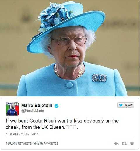 Balotelli đăng Twitter muốn nhận 'nụ hôn vào má từ Nữ hoàng Anh'