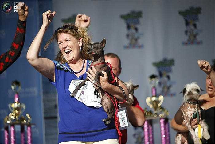 Bà Kobliner chủ nhân của chú chó Yoda hò reo mừng chiến thắng dù con vật cưng của bà chỉ về đích ở vị trí thứ ba tại cuộc thi.
