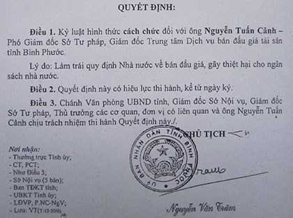 Các quyết định cách chức ba ông Cảnh, Phẩm, Luân.