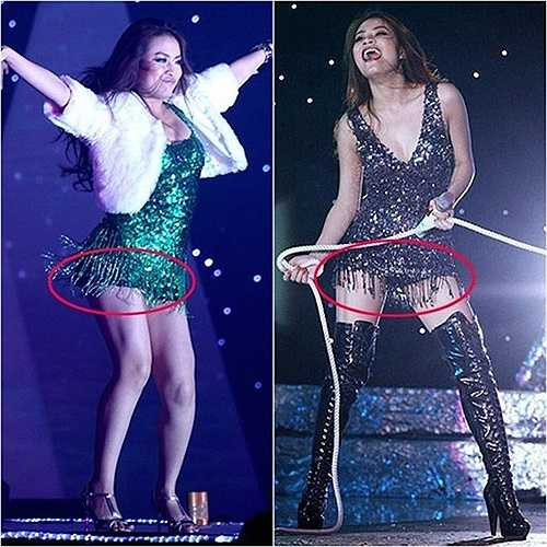 Nổi tiếng với phong cách thời trang gợi cảm, ở đời thường và ngay cả khi bước lên sân khấu. Tại một chương trình, Hoàng Thùy Linh xuất hiện trên sân khấu âm nhạc với một thiết kế váy ngắn. Khi biểu diễn động tác vũ đạo, người đẹp cố tình để lộ đôi chân quyến rũ. Tuy nhiên, thiết kế ngắn quá cỡ này không nhận được sự ủng hộ của người xem.