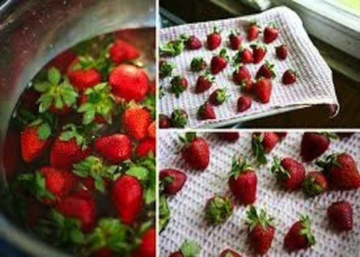 15. Dâu tây: Nhúng dâu tây qua dung dịch nước : giấm theo tỉ lệ 10:1, để ráo, sẽ tăng thời gian bảo quản lên khoảng 2 tuần mà không bị mốc hay ủng.