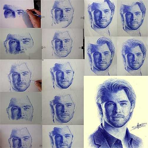 Vẽ bút bi đòi hỏi tỉ mẩn và cẩn trọng. Chàng trai này chia sẻ: 'Đôi khi đang vẽ thì ngòi bút rỉ mực, mình phải lau khô kẻo sẽ hỏng cả bức tranh'. Hình ảnh này ghi lại quá trình hoàn thiện bức vẽ diễn viên nổi tiếng Chris Hemsworth.