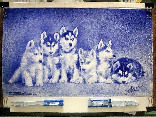 Ngoài tranh vẽ chân dung, Tuấn Bảo thử nghiệm khi vẽ động vật bằng bút bi.