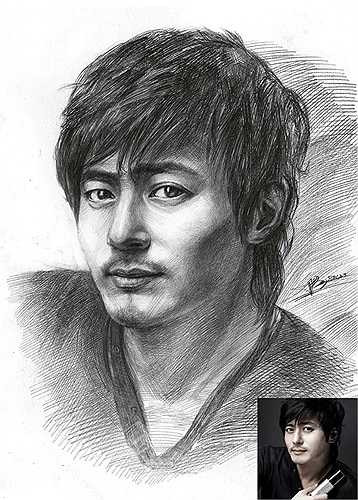 Ngoài vẽ bằng bút bi, 9X còn thử nghiệm trong những bức tranh vẽ chân dung bằng bút chì. Bức tranh vẽ ngôi sao Hàn Quốc Jang Dong Gun.