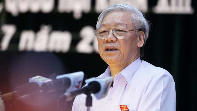 Tổng Bí thư Nguyễn Phú Trọng phát biểu tại cuộc tiếp xúc cử tri quận Tây Hồ (Hà Nội) sáng 1-7 - Ảnh: Nguyễn Khánh/TTO