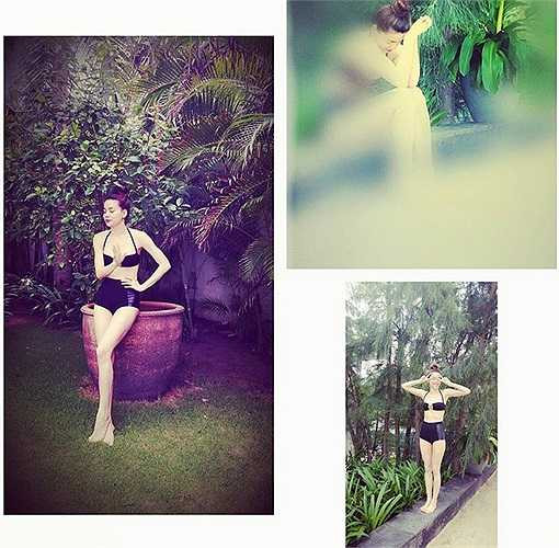 Hà Hồ cũng đăng tải hình ảnh sớm mai thức dậy trong bộ đồ bikini gợi cảm, chuẩn bị ra bãi biển.