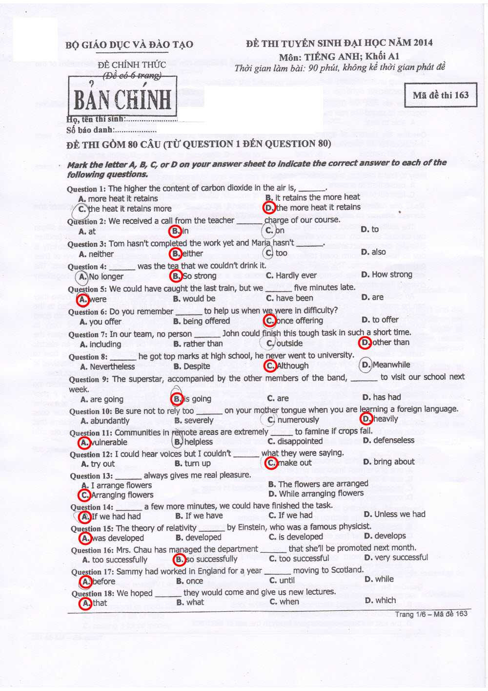 Đề thi, đáp án môn Tiếng Anh khối A1 đại học 2014