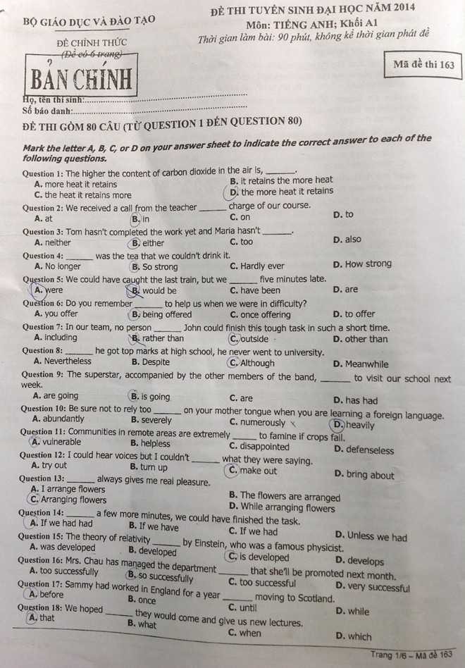 Đề thi, đáp án môn Tiếng Anh khối A1 đại học 2014