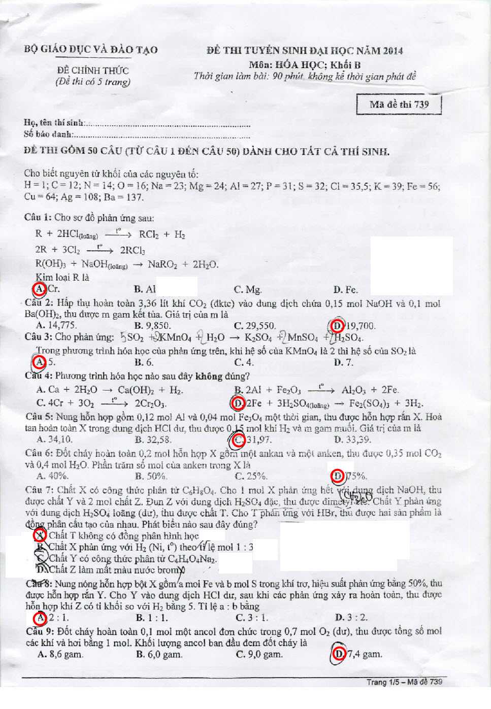Đáp án Hóa khối B