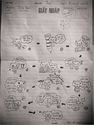 Sự hài hước của học trò được thể hiện sinh động qua những tờ giấy nháp.