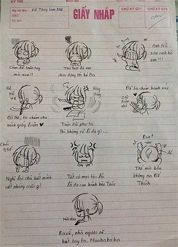 Giấy nháp với loạt hình vẽ ngộ nghĩnh kèm theo câu thoại khi bị lệch tủ môn Văn khiến người xem cười ngất.