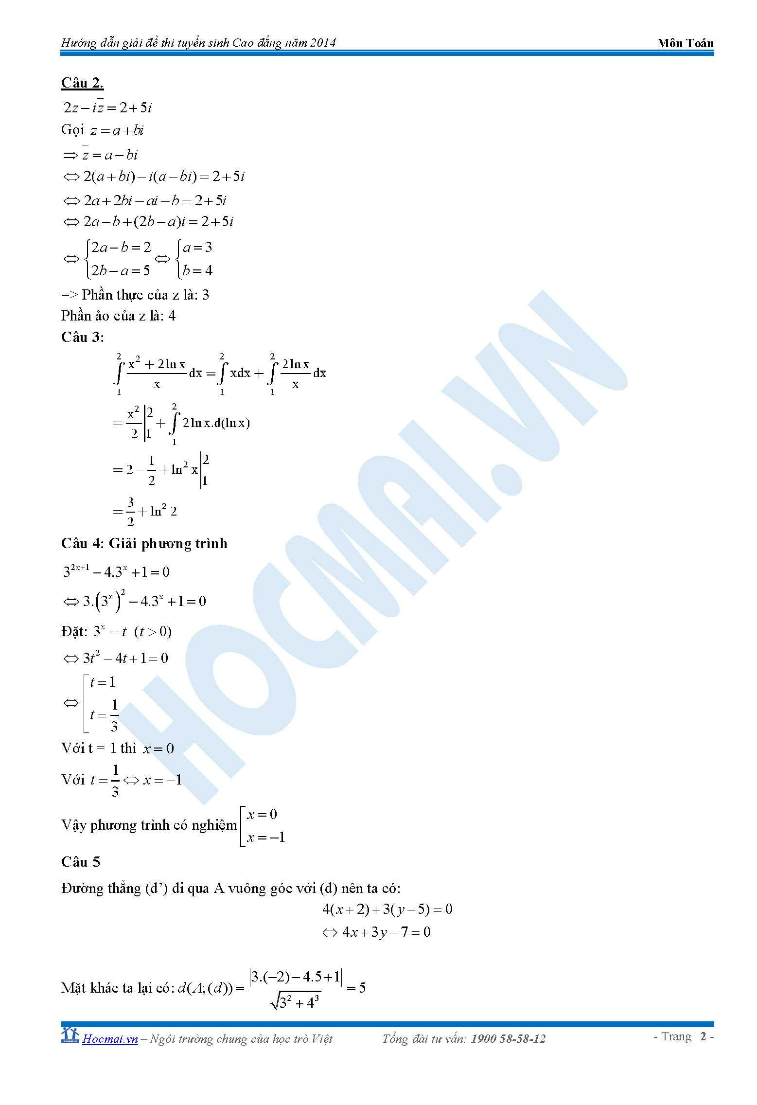 đáp án toán cao đẳng